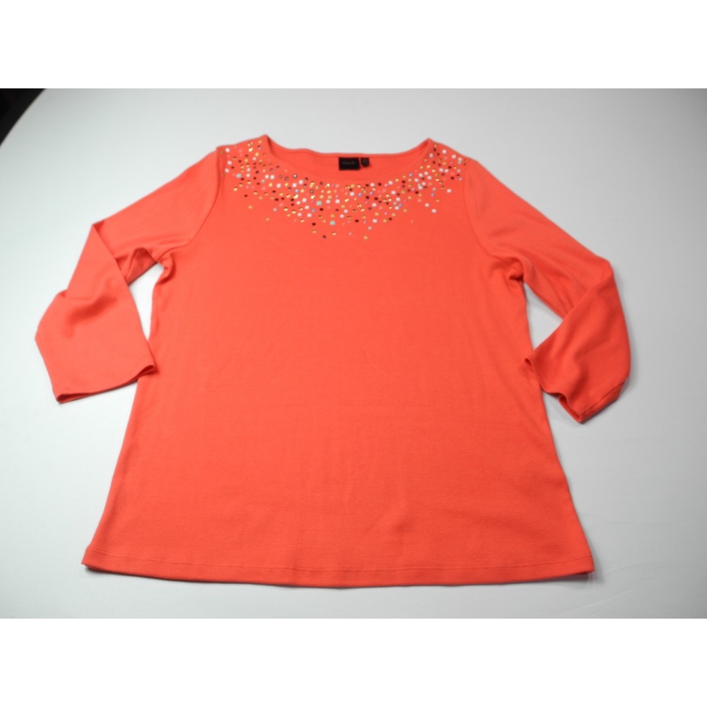 Rafaella Shirt Womens XL Orange 3/4 Sleeve Embellished Neckline Pullover Top